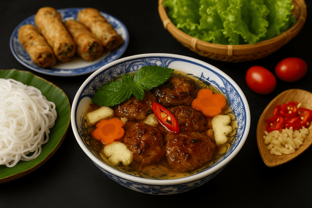 Bun cha is a Hanoi specialty featuring grilled pork served with rice noodles and dipping sauce